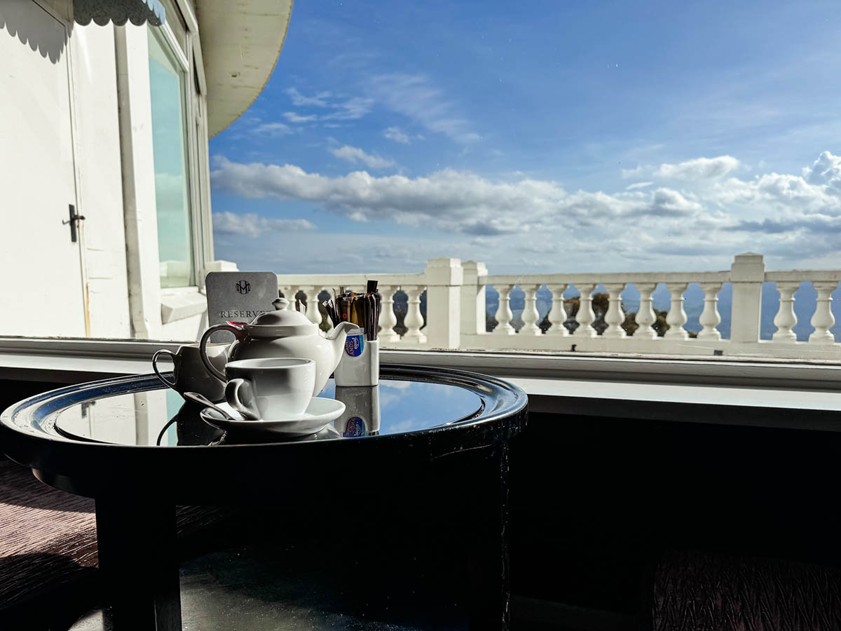 Dining Room of the Hydro Majestic Hotel overlooking the summit. White Tea service