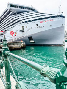 Resilient Lady Virgin Voyages Ship Docked at Sydney Harbour. Hero Shot for 2foodies travel website