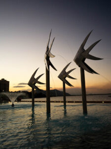 Cairns Fish sculputure silhouette in the sunset.